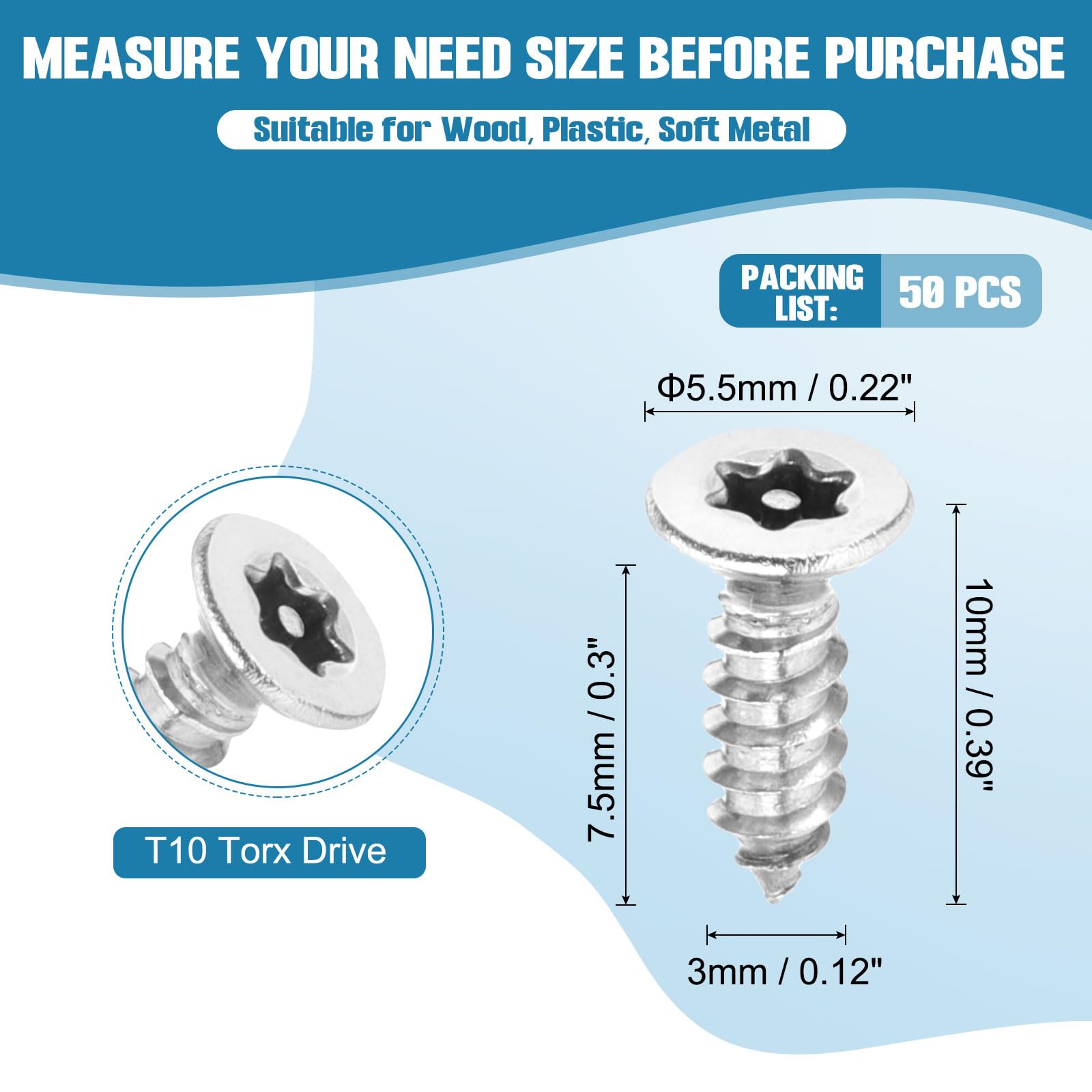 50-Pack Torx Flat-Head Wood Screws – M3 X 10mm, 304 Stainless Steel, Countersunk Self-Tapping, T10 Drive – For Furniture, Wood & Sheet Metal