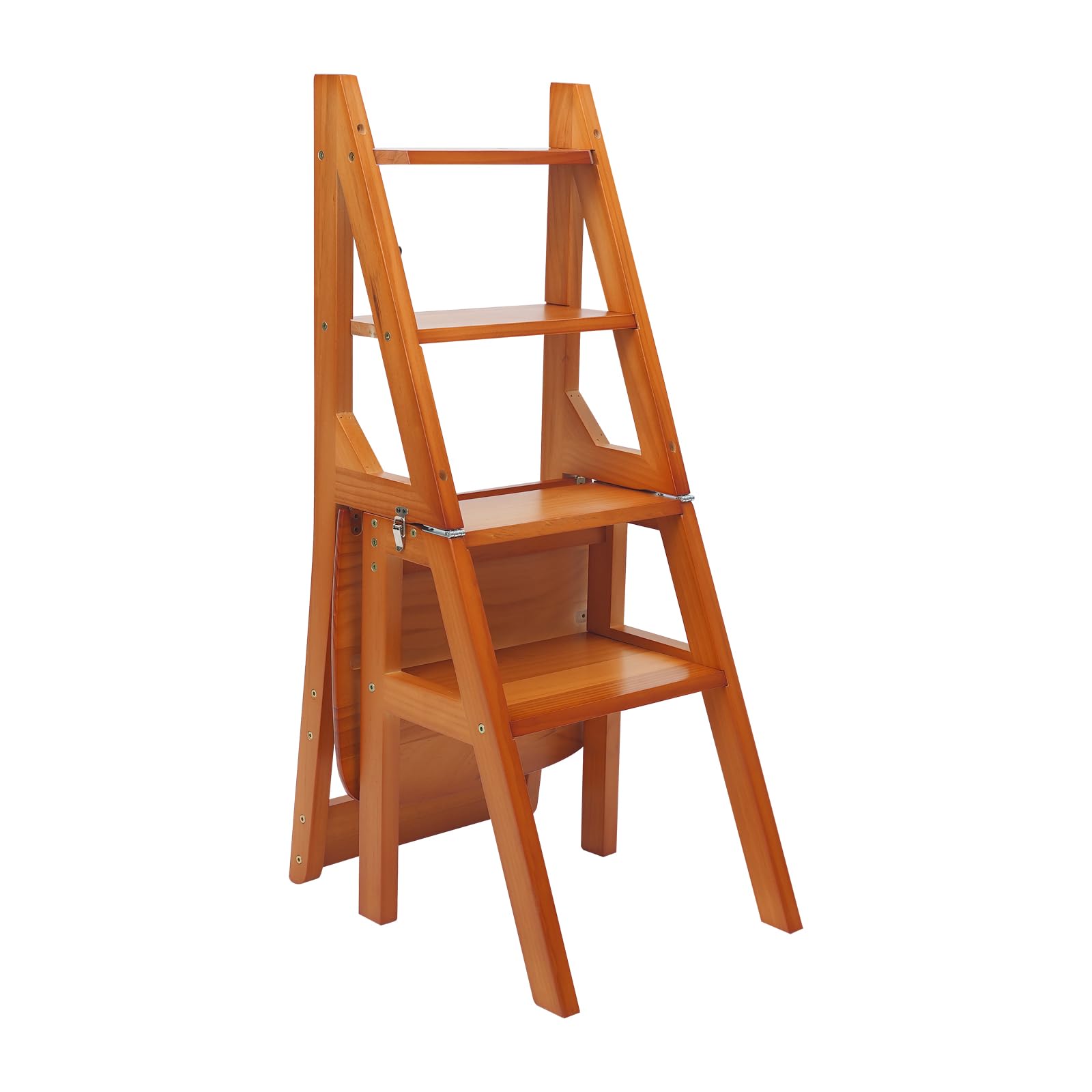 2 in 1 Pine (Caramel) Wooden Bookshelf Chair Folding 4 Steps Wooden Ladder 100kg for Kitchen, Living Room and Office