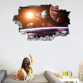Universe 3D Wall Decal | Planet Art Vinyl Decor Sticker | Space Removable | Peel and Stick | Cracked Border Girls Boys Bedroom Nursery Room Decor 30 x 20 Inch