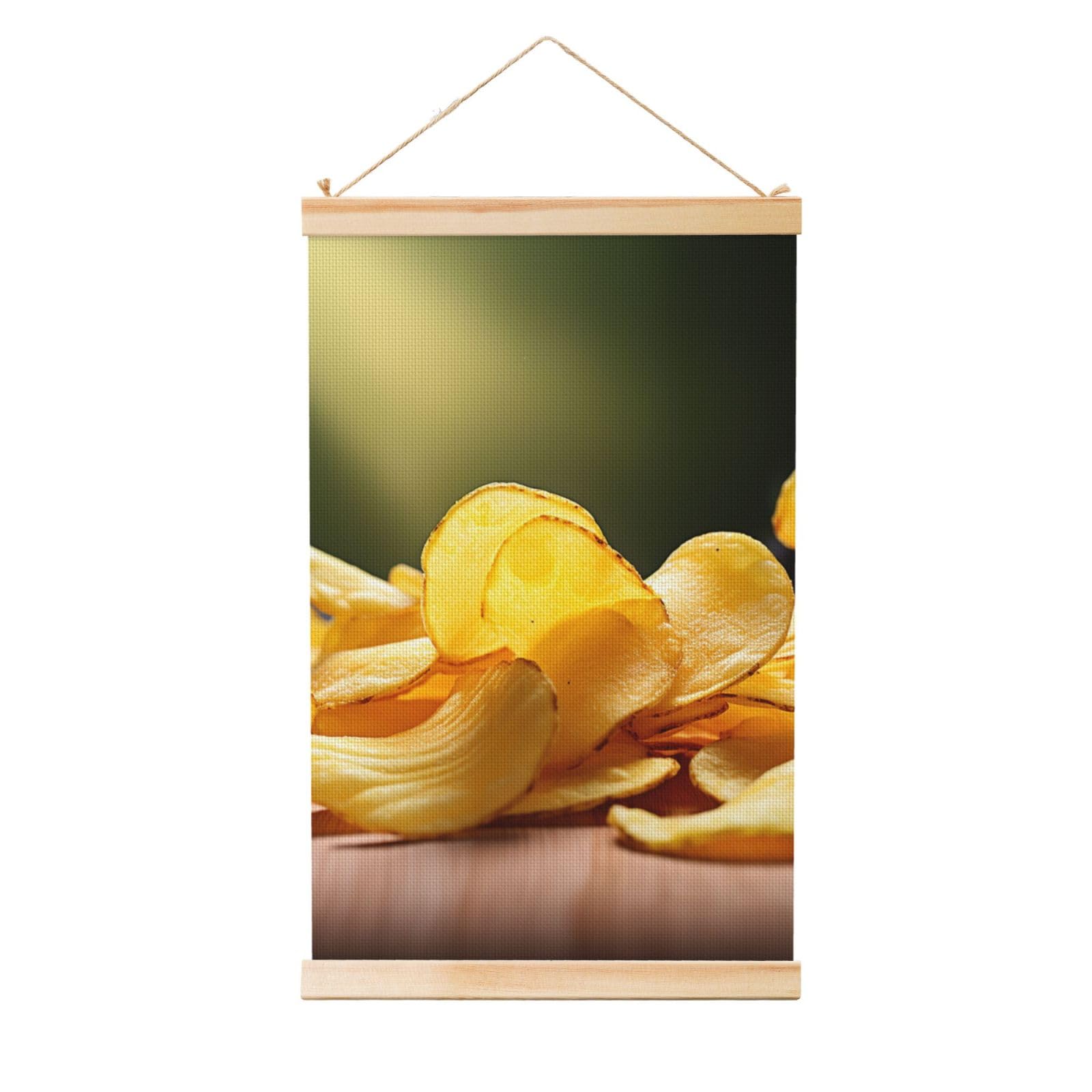 Potato Chips Poster Wooden Shaft Hanging Poster Wall Hanging Banner Canvas Artwork with Wood Frames 16"x24" Modern Artwork Decor Ready to Hang Wall Art for Home Decor Scroll Painting