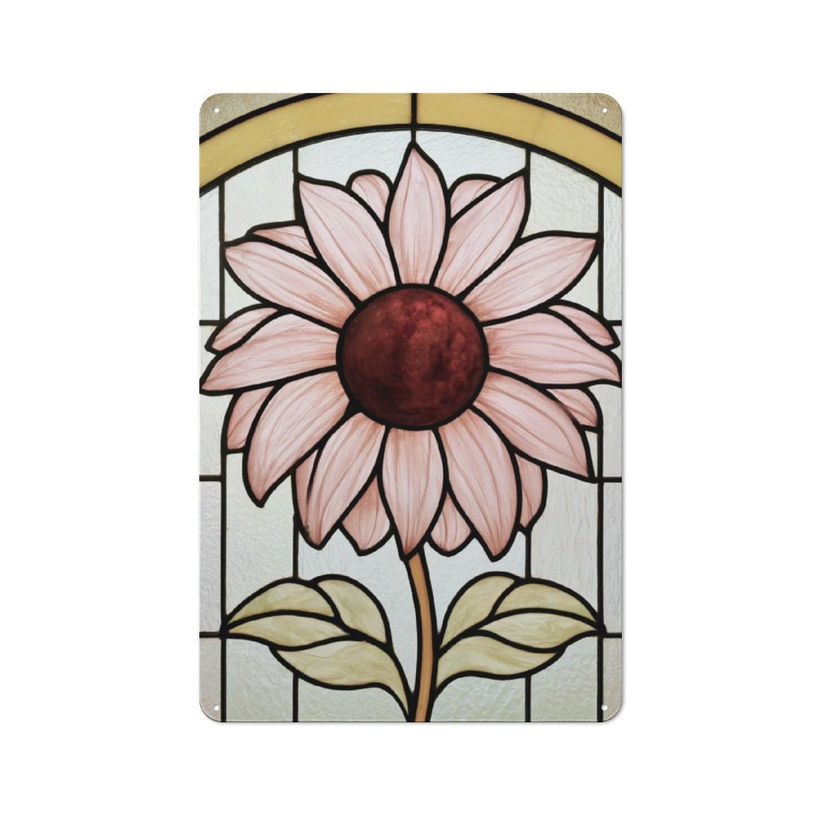 Jubonexis Stained Glass Stylized Sunflower Light Pink Tin Metal Signs Wall Art Decorations for Bar Pub Club Cafe Room Farmhouse White 30x20cm