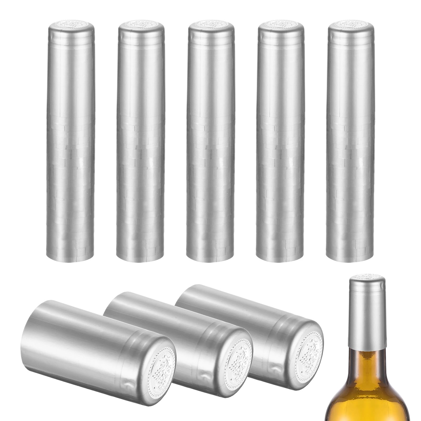 sourcing map 150Pcs PVC Heat Shrink Capsules, 32mm x 50mm Wine Bottle Capsules Shrink Wrap Sleeves Bottle Corks Caps for Wine Making Cellars and Home Kitchen, Silver Grape/Silver