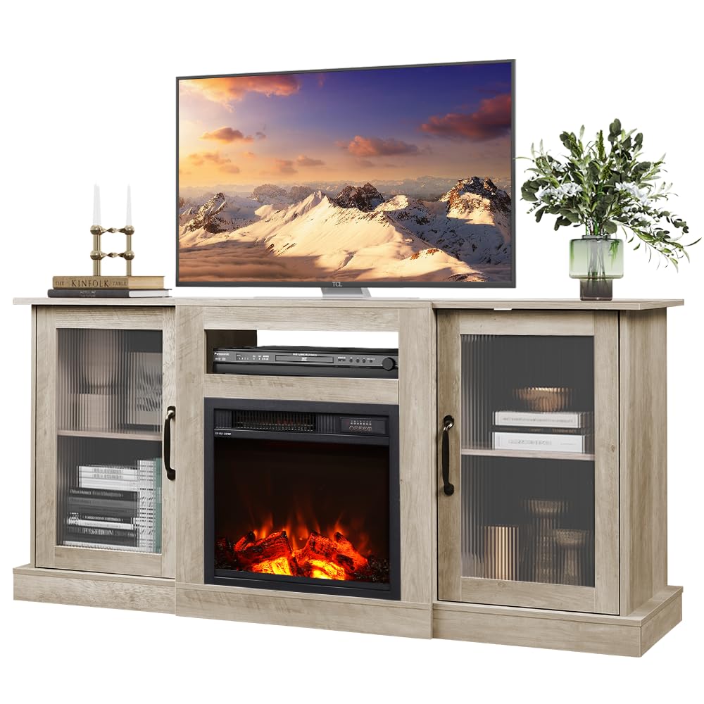 WLIVE Fireplace TV Stand for 65" TV, Entertainment Center with 18 Inch Electric Fireplace, TV Console with Open Shelves for Living Room and Bedroom,