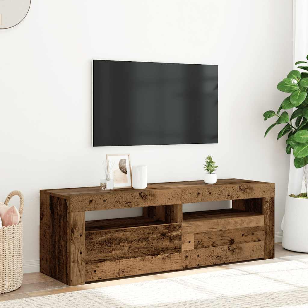 Szafka RTV pod TV z oświetleniem LED RGB, stare drewno, 120x35x40 cm, mebel z przestrzenią do przechowywania, półka dekoracyjna, idealna do salonu i sypialni, łatwy montaż, trwała płyta meblowa