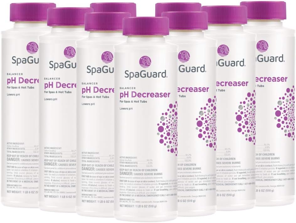 SpaGuard pH Decreaser, 22 oz, Pack of 9, Protects Spa and Equipment, Prevents Cloudy Water Due to Improper pH, Balances Water