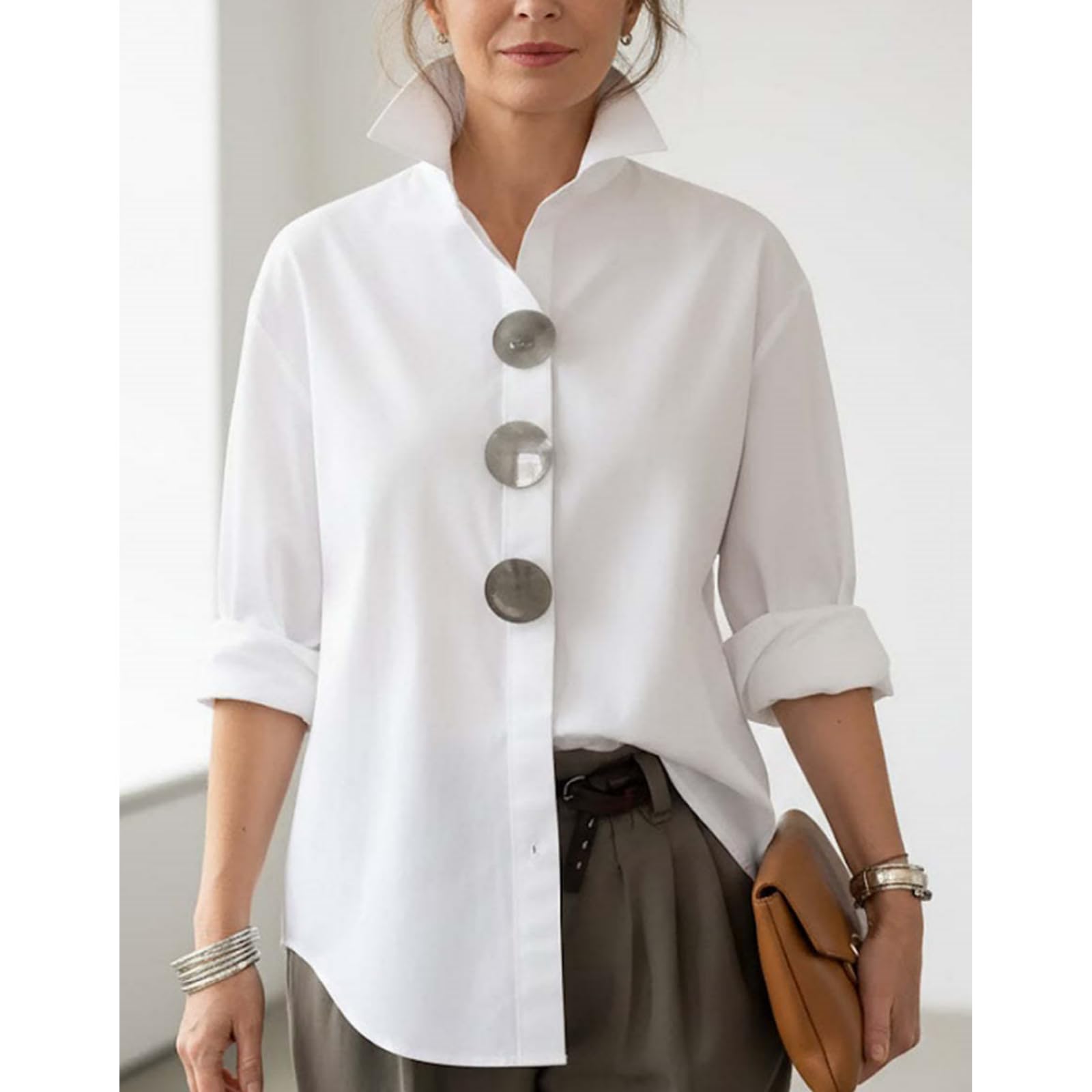 Elegante Blusa para Mujer con Cuello Alto y Botones metálicos – Camisa Oversize de Manga Larga, Top Casual de Color Liso para Primavera.