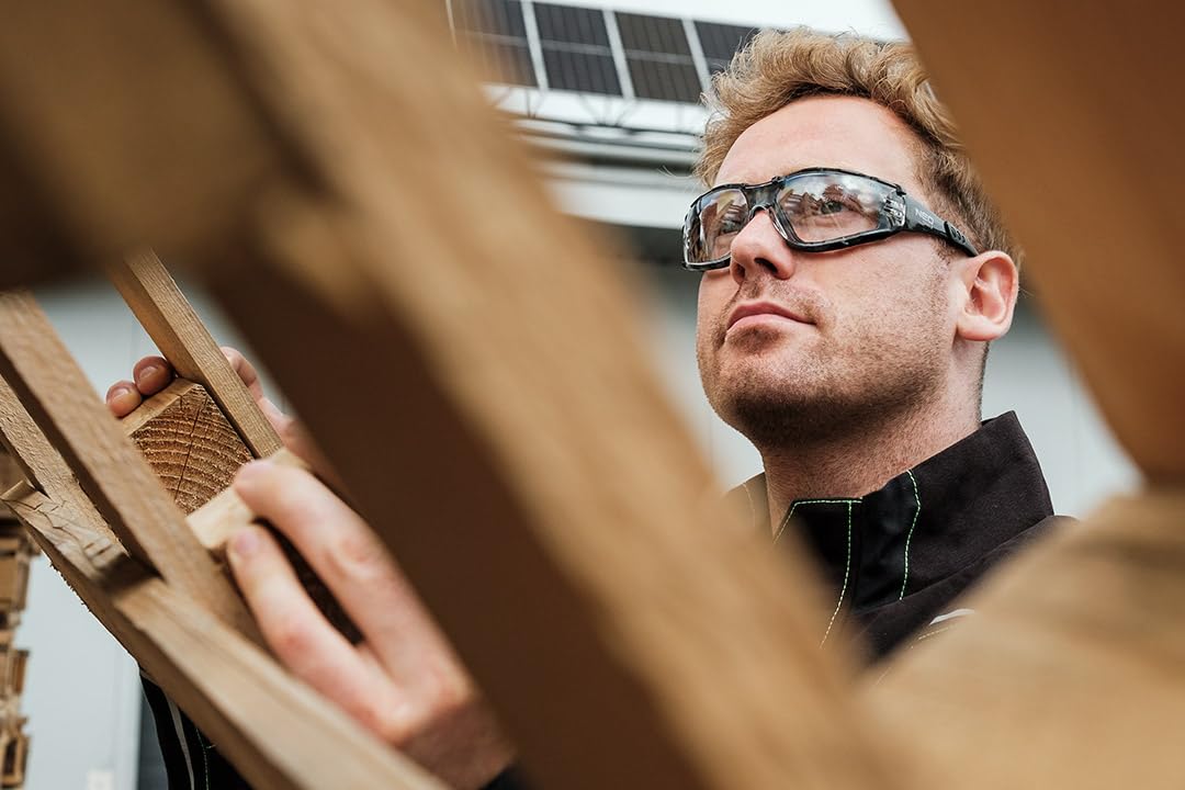 NEO TOOLS Kurze Arbeitshose Herren mit Arbeitsgürtel & Schutzbrille