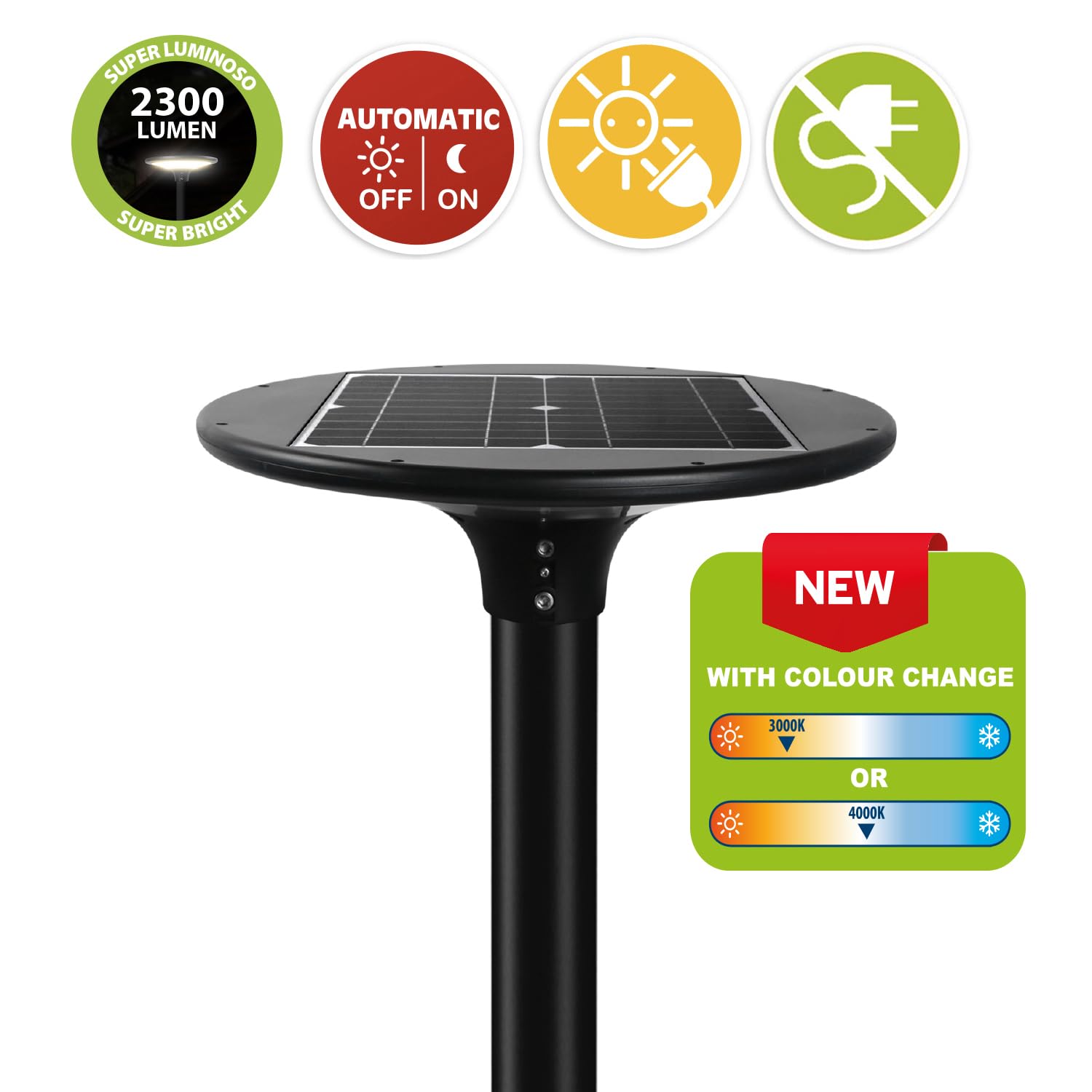 VELAMP - Lampione Solare Led Esterno 20W e 2300lm - Faro Led Esterno con Pannello Solare, Batteria Durata 32h, Automazione Notturna - Lampade Solari da Giardino e Spazi Esterni [Nuova Versione]