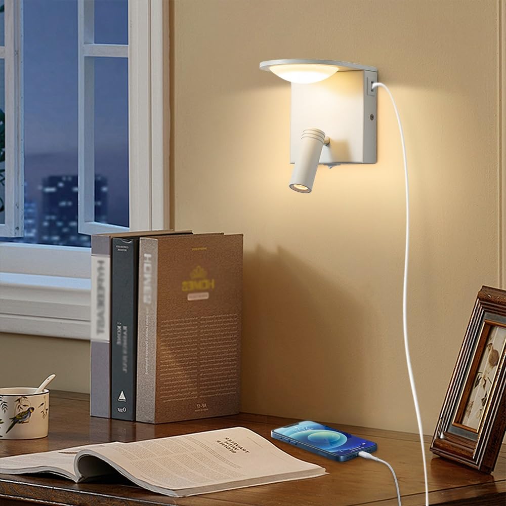 Jadssox Wandleuchte LED mit Schalter und USB-Anschluss - Drehbare Spotbeleuchtung 350°+90°, Warmweiß 3000K für Bettkopf, Nachttisch, Wohnzimmer und Schlafzimmer(White)