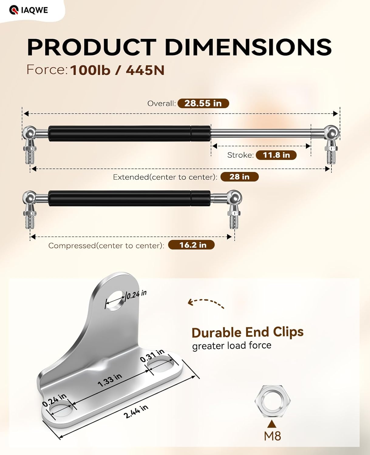 28 Inch 100Lbs 445N Gas Struts for Heavy Lid RV Bed Trailer Door Tool Box Floor Hatch Camper Underbed Storage Truck Tonneau Cover, 28" DIY Gas Lift Shocks Kit with L Mount Brackets, 2 Pcs by IAQWE