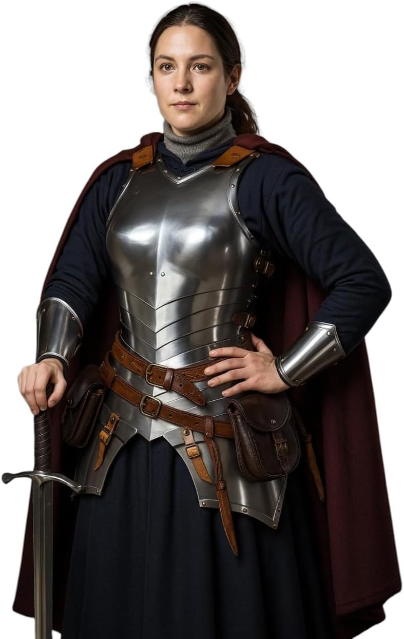 Medieval Lady Armor Female Cuirass with Tasset-Brave Lady Body Armor Costume Perfect for Cosplay Events, LARP & Reenactment-Women's Halloween & Fantasy Party Costume Silver