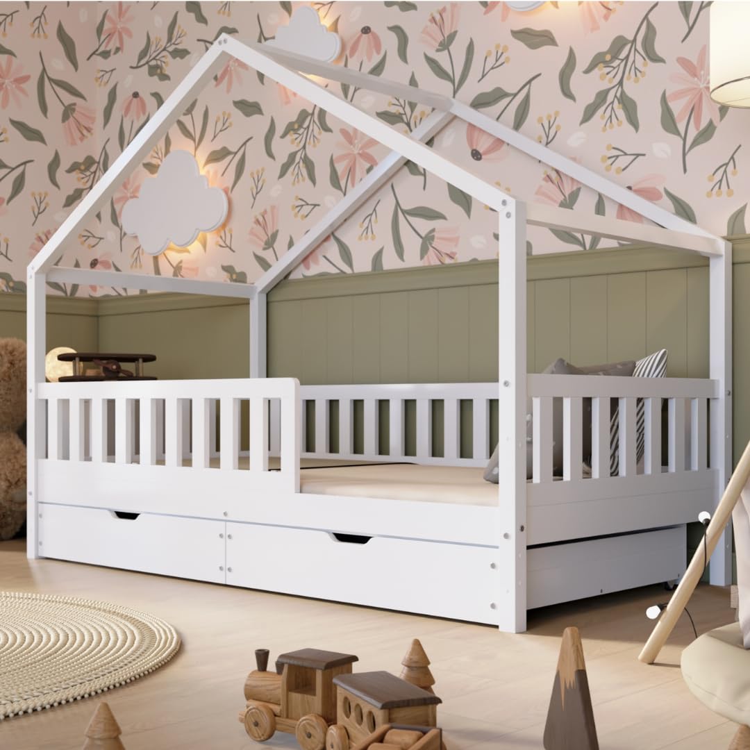 Crazy Pine Hausbett mit Schubladen 140x200 cm – Kinderbett aus Naturholz in Weiß mit Rausfallschutz – Montessori Bodenbett mit zusätzlichen Stauraum und und Abnehmbarer Barriere - Crazy House