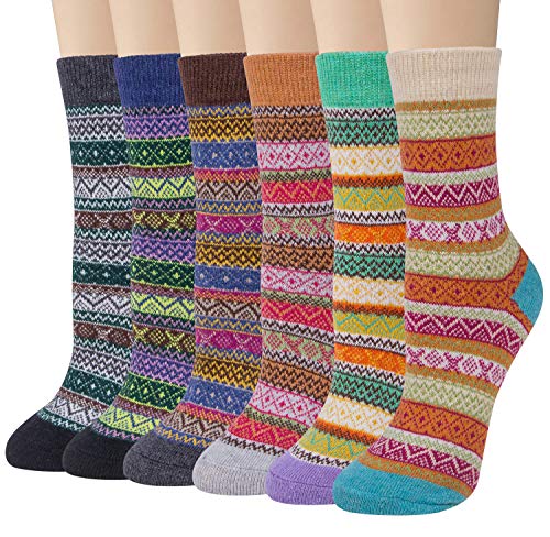 Justay 6 Pairs Winter Womens Wool Socks Vintage Warm Cozy Socks Knit Casual Crew Socks Gifts for Women