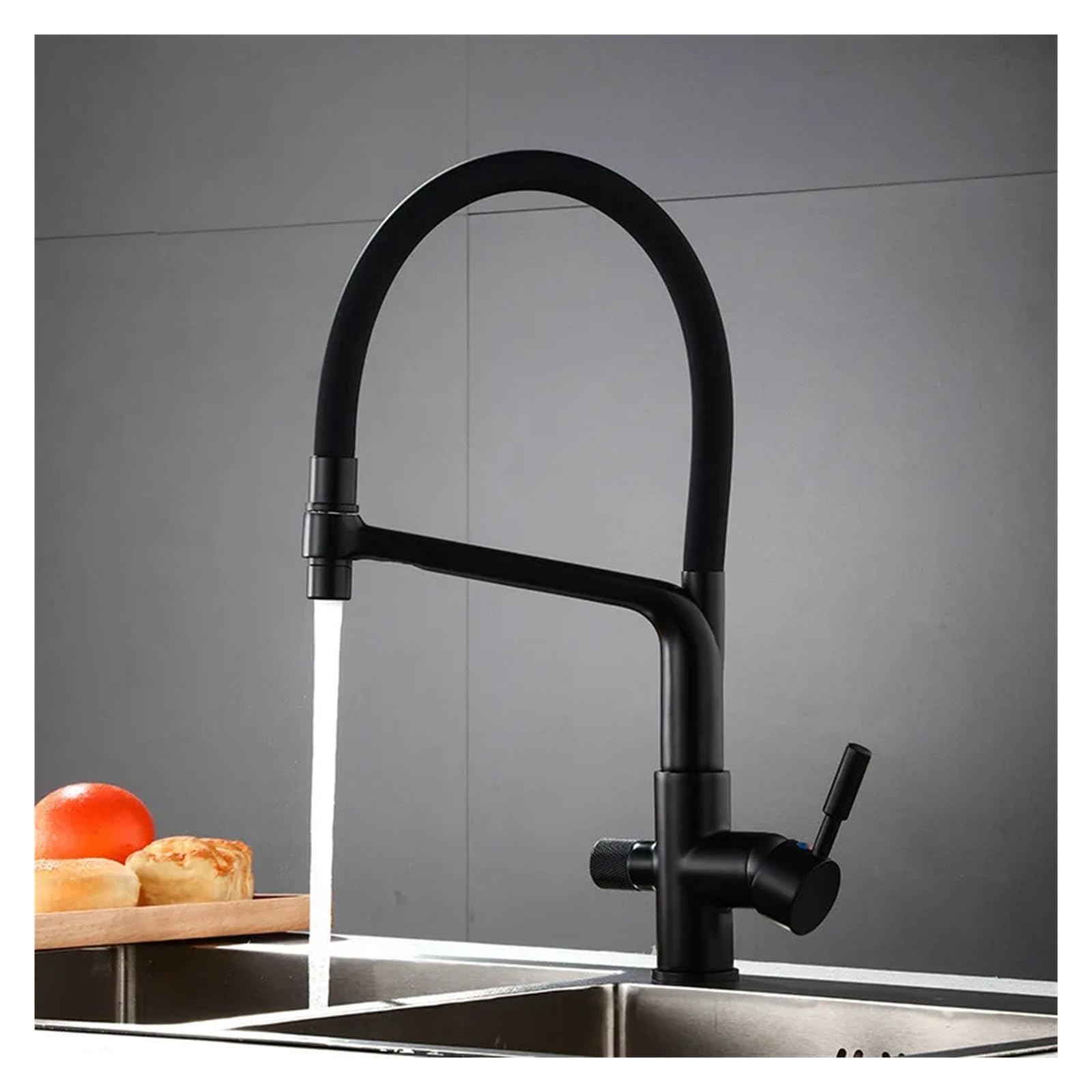 Robinet de cuisine filtré noir mitigeur double bec eau potable chaude froide 360°