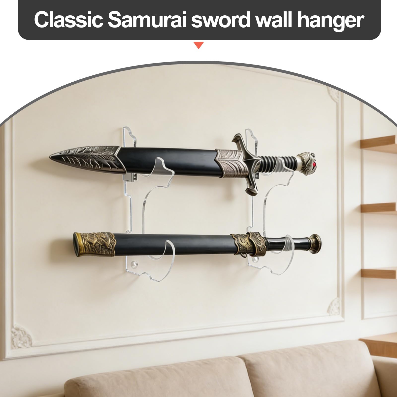 Soporte de Pared para Katana 2 Niveles, Soporte para Espadas de Acrílico Negro, Exhibidor Sable de Luz y Samurái, Estante de 2 Niveles de Almacenamiento para Wakizashi Tanto Cosplay Decoración