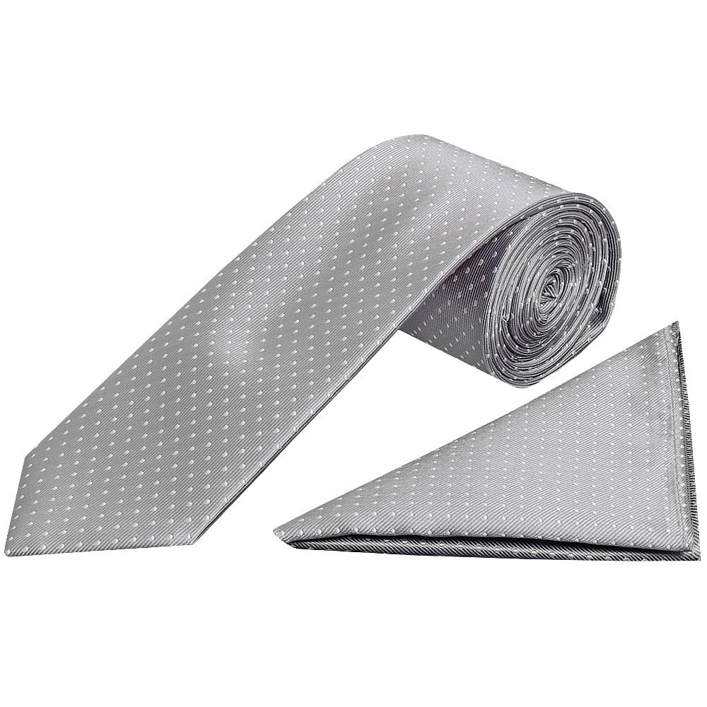 Ties R Us Men's Silver And White Polka Dot Classic Tie Handkerchief Set