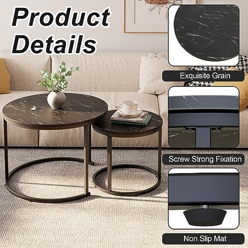 Image of aboxoo Round Nesting Coffee Table Side Set of 2 End Tables for Living Room Bedroom Balcony,Black Faux Marble Wooden Table 23.6IN Accent Large Coffee Table with Steel Frame
