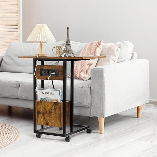 Miniatura 2 de Hadulcet Mesa auxiliar en forma de C con estación de carga y mesa plegable, mesa plegable para TV con almacenamiento, mesa para laptop para sofá,