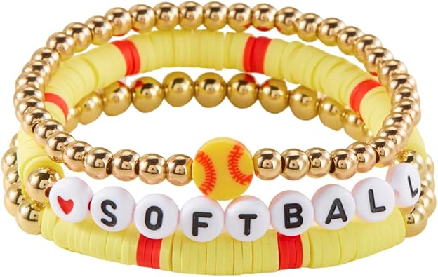 3Pcs Dainty Football Soccer Baseball Basketball Rugby Volleyball Polymer Clay Beaded Charm Bracelets Handmade Gold Beaded Sports Ball Stretch Bracelet for Women Men Sports Team Jewelry Gift