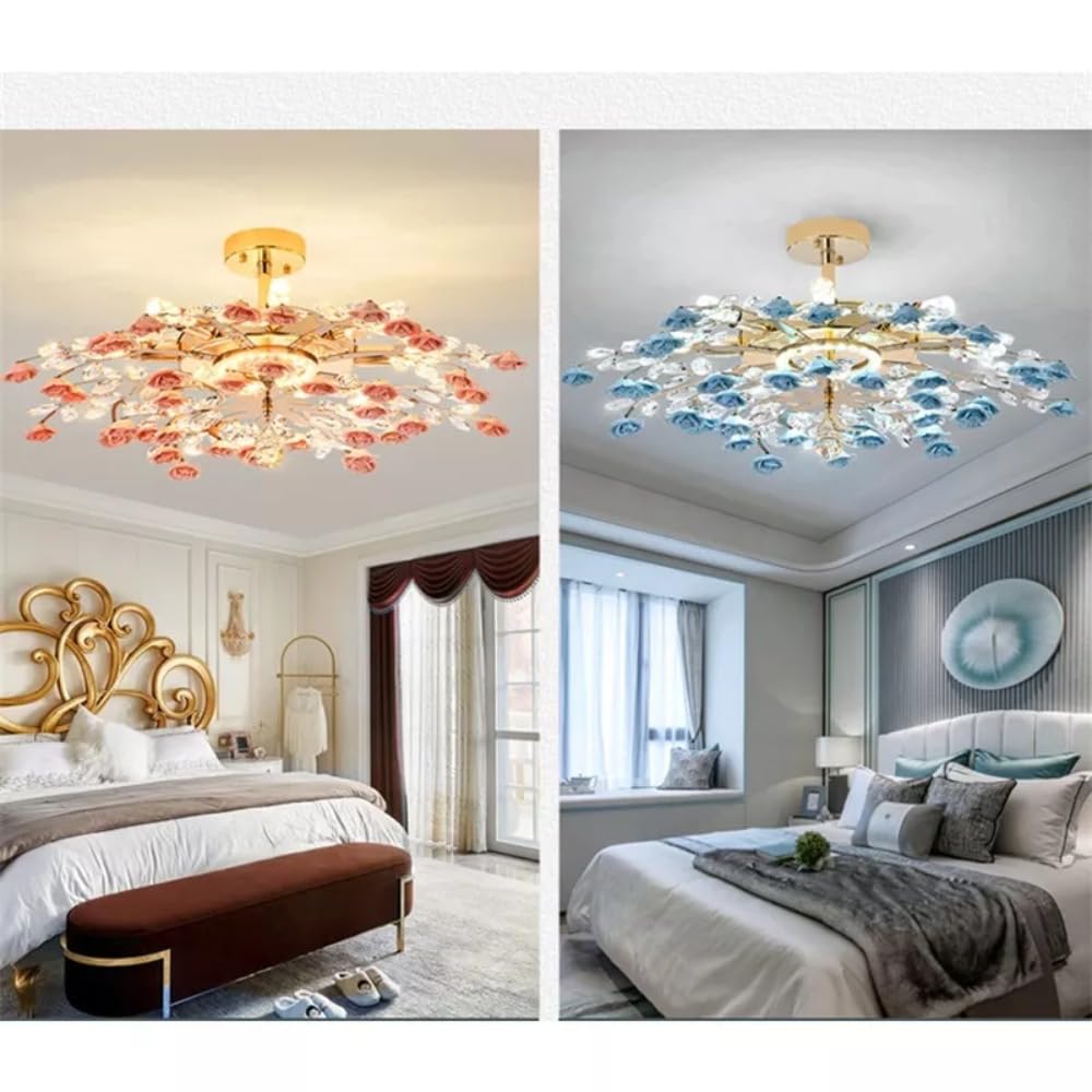 Creativo Lampade a Ciondolo Lampadari di Cristallo Ramo di Luce Casa Led Ceramica Fiore Apparecchio per Soggiorno Sala da Pranzo Decor (Blu D60 cm (1 pz))