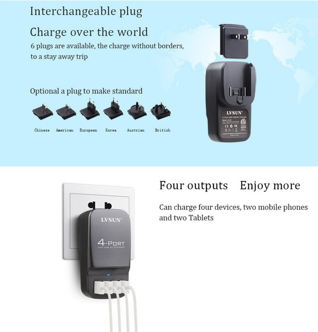 LS de 4U/4 Puerto USB Cargador de viaje con función de carga rápida (2 x 2,4 A y 2 x 1 a)/34 W/Negro