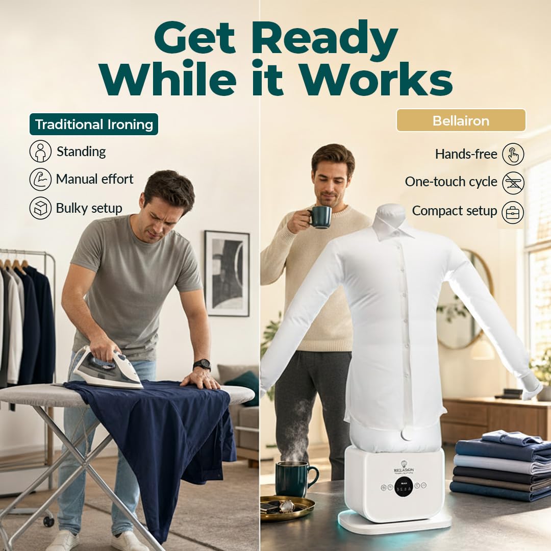 Bellairon - The Original Automatic Ironing Machine for Clothes. Hot Air Garment Dryer & Hands-Free Wrinkle Remover for Shirts & Pants | No Iron, No Ironing Board