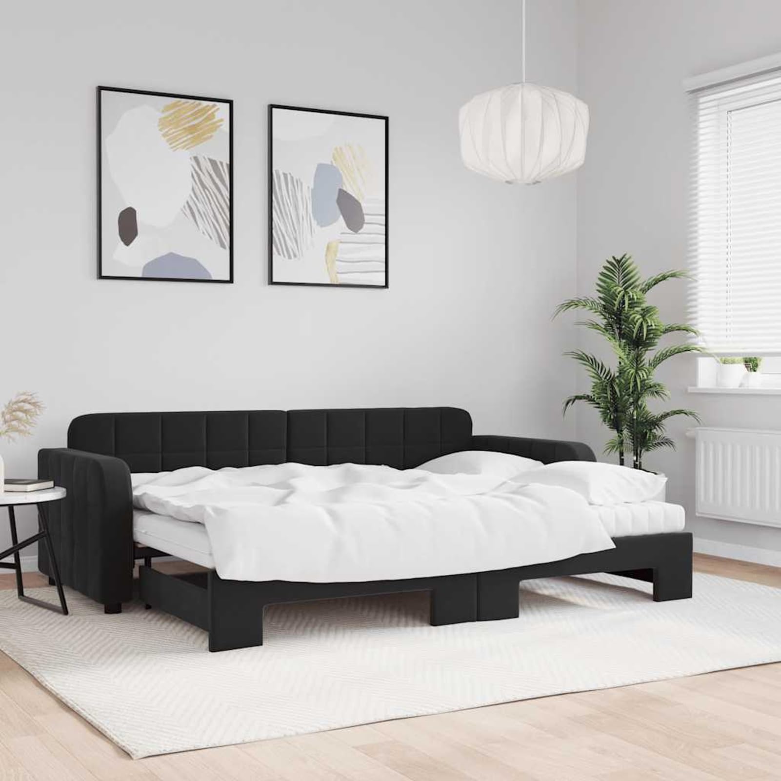 Cama Sofá 2-en-1 Plegable con 2 Colchones de Espuma (80 x 200 cm), tapizada en Terciopelo Negro (100% poliéster), Estructura de Madera y Metal, Ideal para Salón o Dormitorio de Invitados