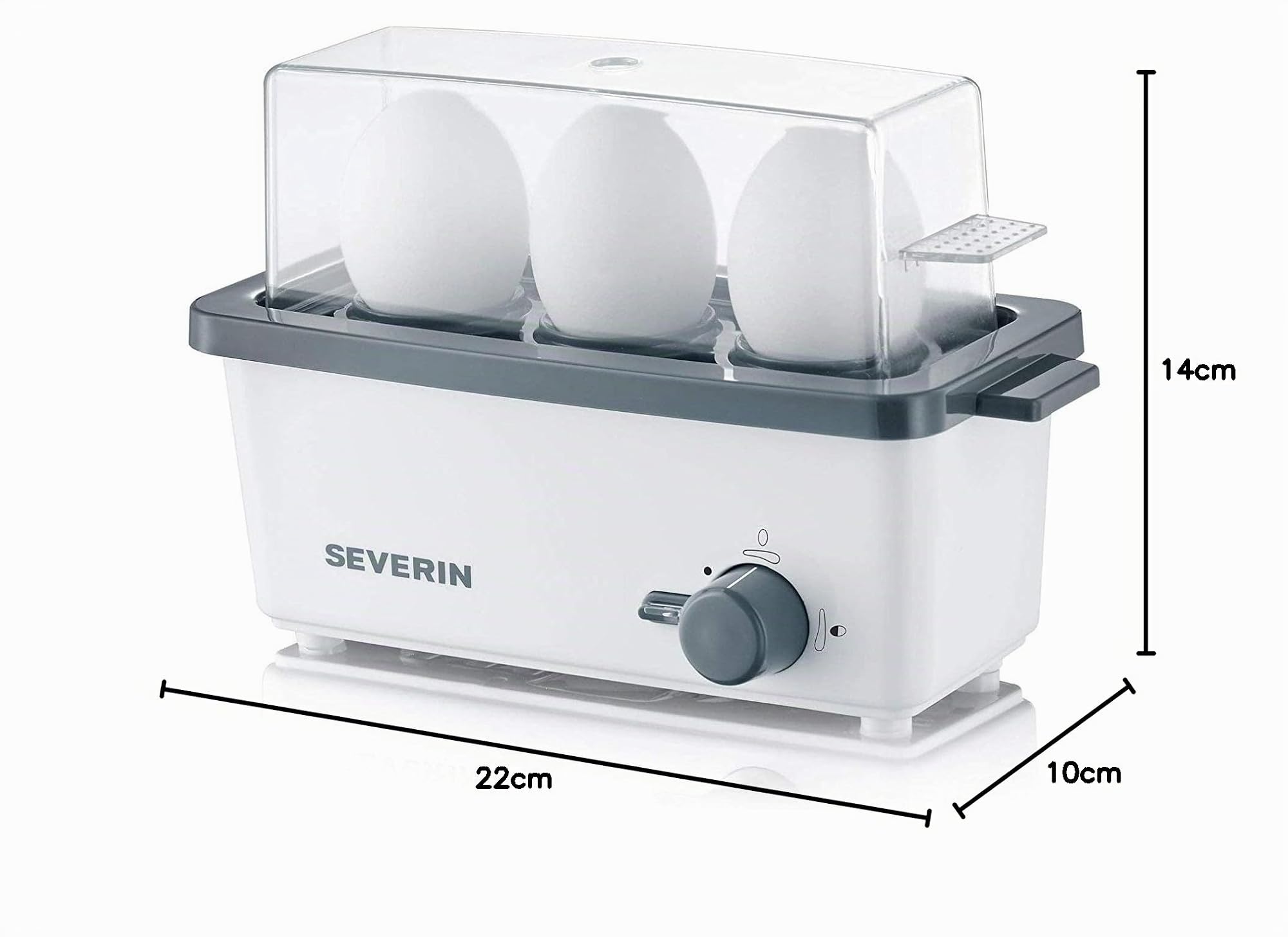 SEVERIN Eierkocher für 3 Eier mit elektronischer Zeiteinstellung, inkl. Messbecher mit Eierstecher, Eier Kocher für ideale Härtestufe, weiß/grau, 300 W, EK 3161
