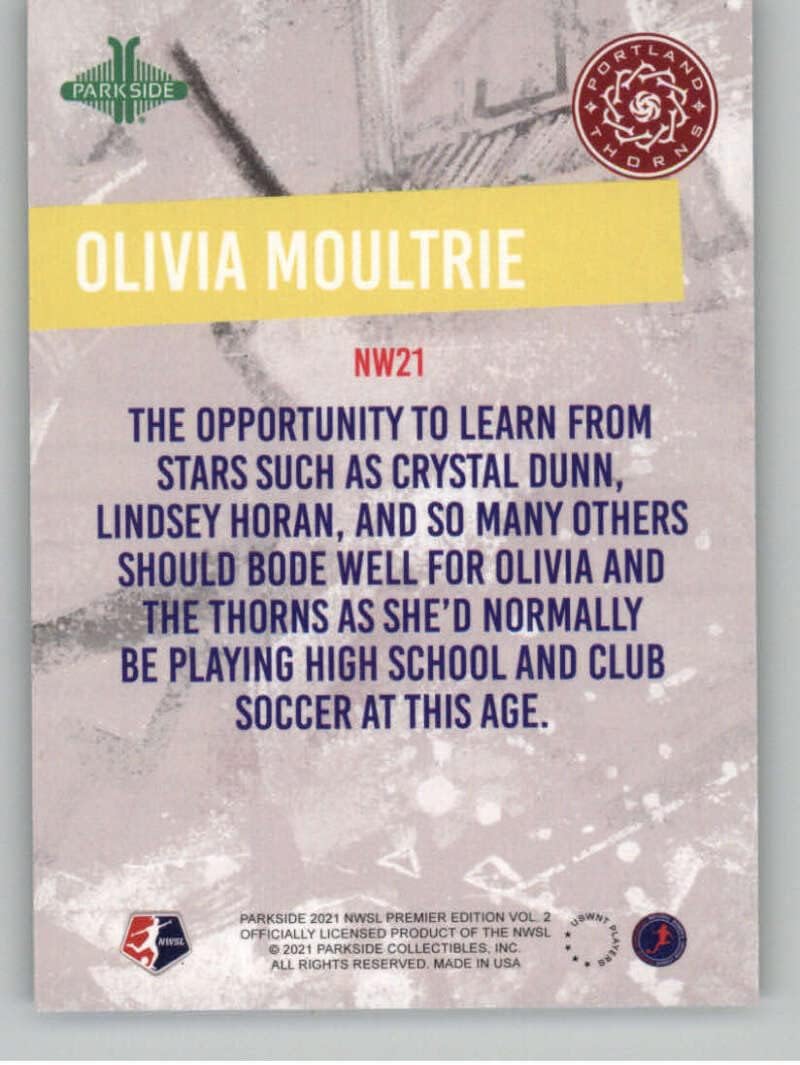 2021 Parkside NWSL Volume 2 Next Wave Purple Foil #NW21 Olivia Moultrie Portland Thorns FC Official National Womens Soccer League Trading Card in Raw (NM or Better) Condition