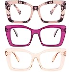 REAVEE 3 Pack Oversized Square Reading Glasses Oprah Style for Women, Blue Light Blocking Large Frame Computer Designer Fashion Readers with Spring Hinge (Pink Leopard/Purple/Tea,0.0)