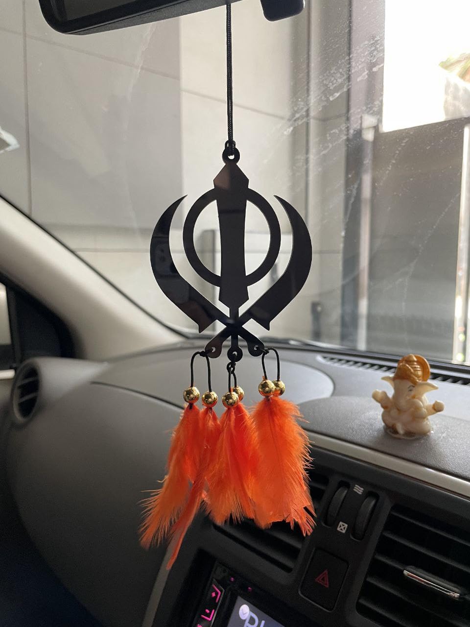 Stylish Handcrafted Dream Catcher, Elegant Car Mirror Hanging Accessory, Interior Decorative Item for Vehicle, Traditional Style Car Rearview Mirror Ornament (Khanda in onkar)-picture-49