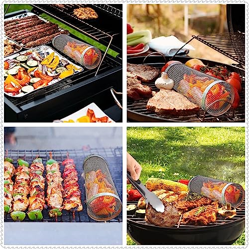 Raepperhan Rolling Grilling Basket, Bbq Grill Basket, Stainless Steel Rolling Grilling Basket, Outdoor Rolling Grilling Baskets For Fish Shrimp Meat Vegetables Fries (7.87" X 3.54" X 3.54", 2 Pcs) #TOP1