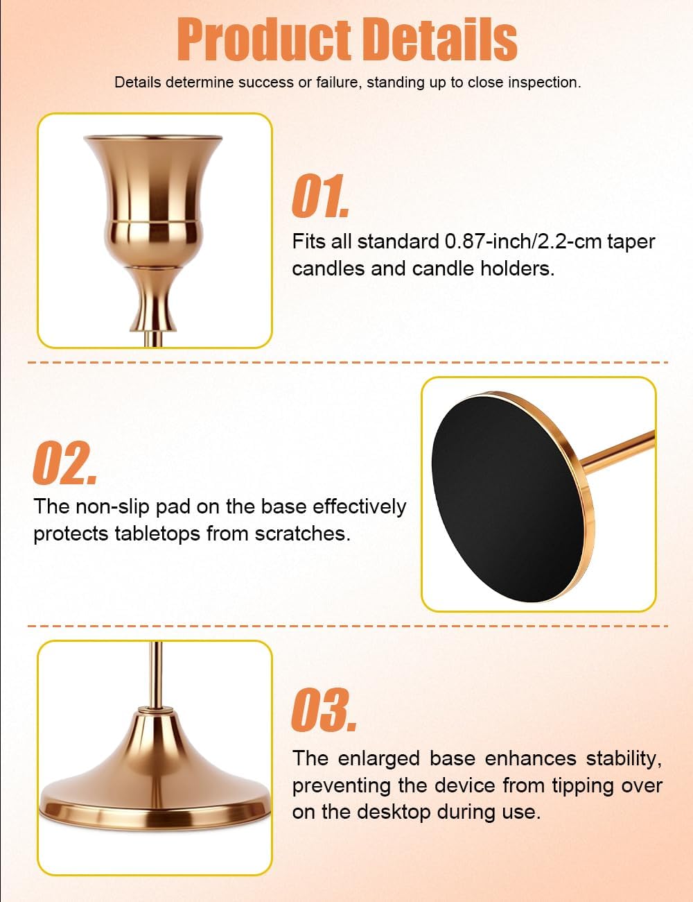 French Gold Taper Candle Holders 2 Sets(6 Pcs) - Tall Metal Candlestick Holders for Table Centerpiece, Formal Dinner, Wedding, Fireplace Mantel Decor, Fits 3/4 Inch Thick Candles