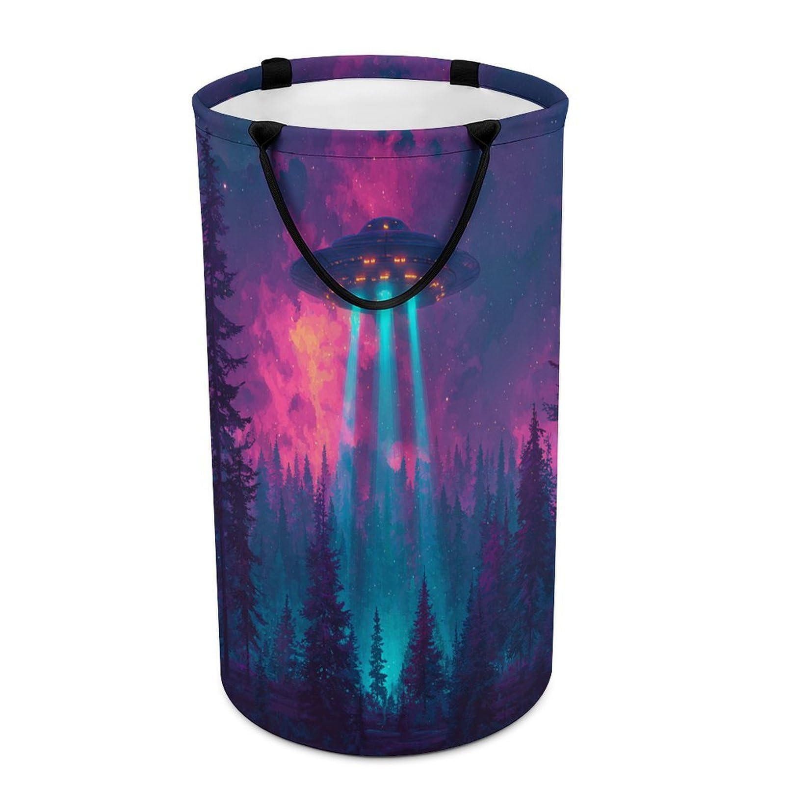 LUYYSKY Vintage Cool Funny Spaceship Collapsible Dirty Clothes Basket, Vintage Watercolor Starry Sky Galaxy Pine Forest UFO Portable Clothes Storage Basket