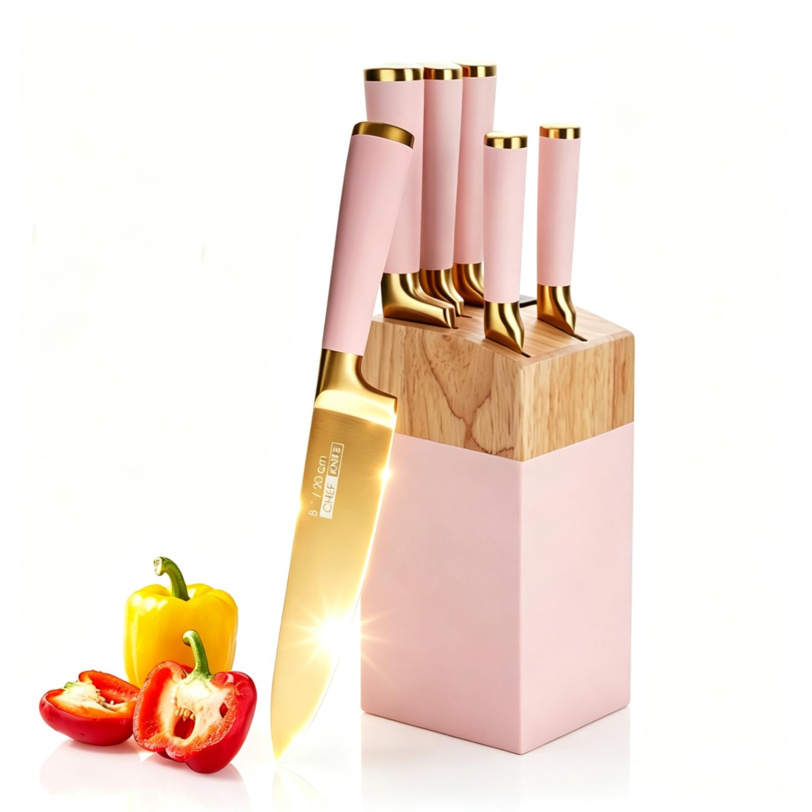 Photo 1 of **MISSING ONE KNIFE***Aesthetic Gold Pink Kitchen Knife Set,7Pcs Gold Titanium Coated Dishwasher Safe Knife Block Sets,Wooden Block with Built-In Sharpener,Luxury Gift for Women Modern Kitchen