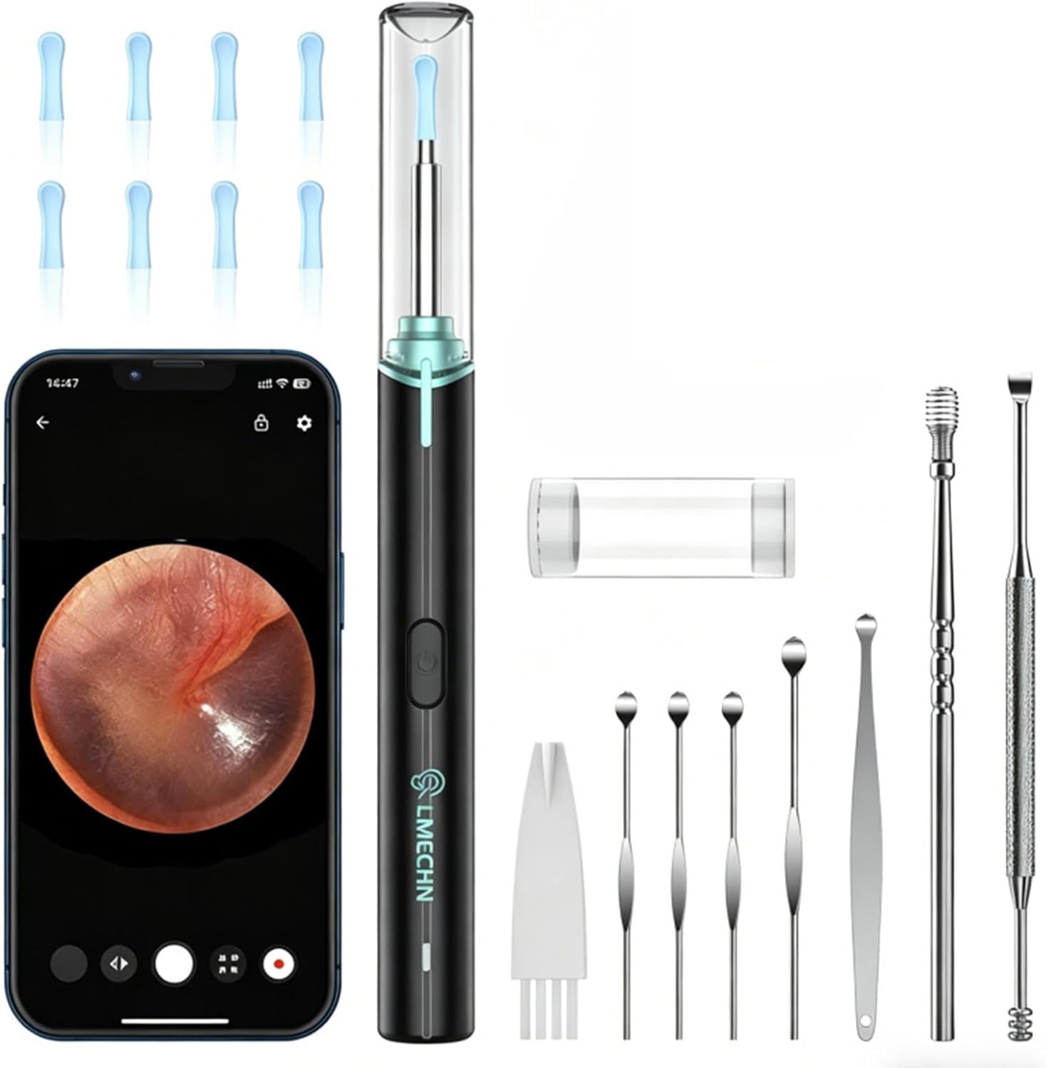 LMEHCN Otoscopio per Pulizia Orecchie - Pulisci Orecchie con Visione 1080P, 6 Luci LED, IP67 Impermeabile, Diametro 3 mm, Compatibile con iPhone iPad e Telefoni Android, Nero