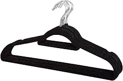 Kit 10 Cabides de Veludo Slim Adulto Preto Antideslizante Ultrafino com Gancho Giratório Cromado Premium para Roupas Camisas Calças Saias Vestido