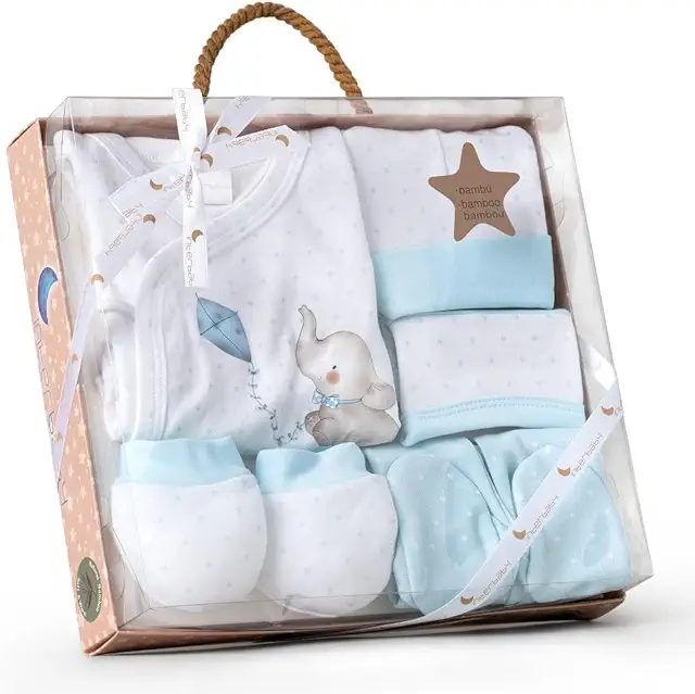 Cesta Bebé Recién Nacido Elefantito Azul - Set Regalo 5 Piezas 100% Algodón