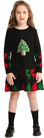 SMILING PINKER Girls Christmas Dress Jingle Bells Sequins Xmas Tree Knit Ugly Sweater