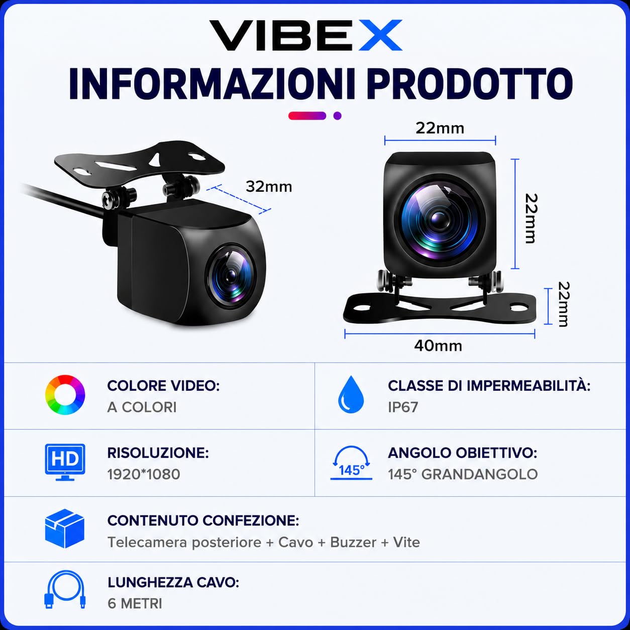 VIBEX Telecamera AI Posteriore AI 1080P | con Allarme Acustico SONORO| Compatibile con Autoradio Android e Monitor Auto | Impermeabile, Visione Notturna | Cavo 6 Metri