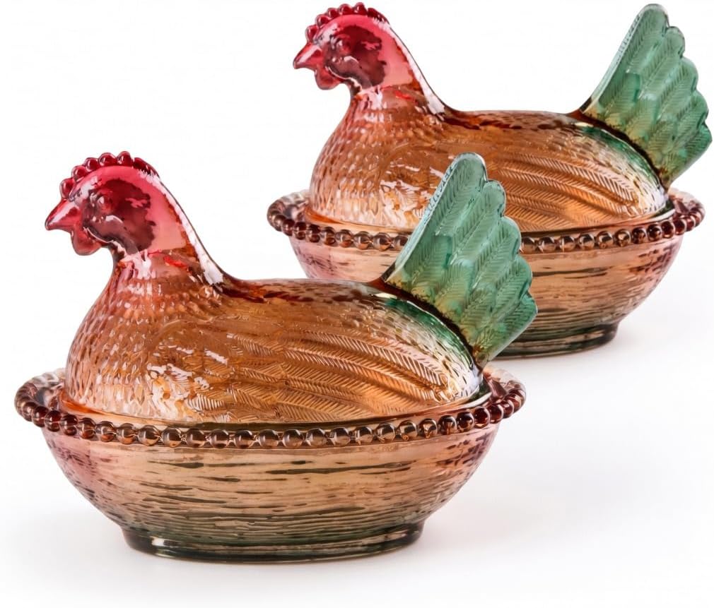 2sets Hen on Nest Covered Chicken Candy Dish with Lid(Crystal Clear，6.9'')