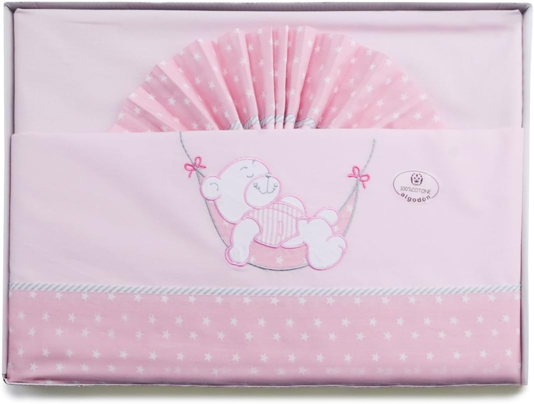 pekitas Bebe feine Bettwäsche 3 Teilig für Kinderbett 60 x 120 100% Baumwolle Made in Portugal Cuna Teddy Rosa