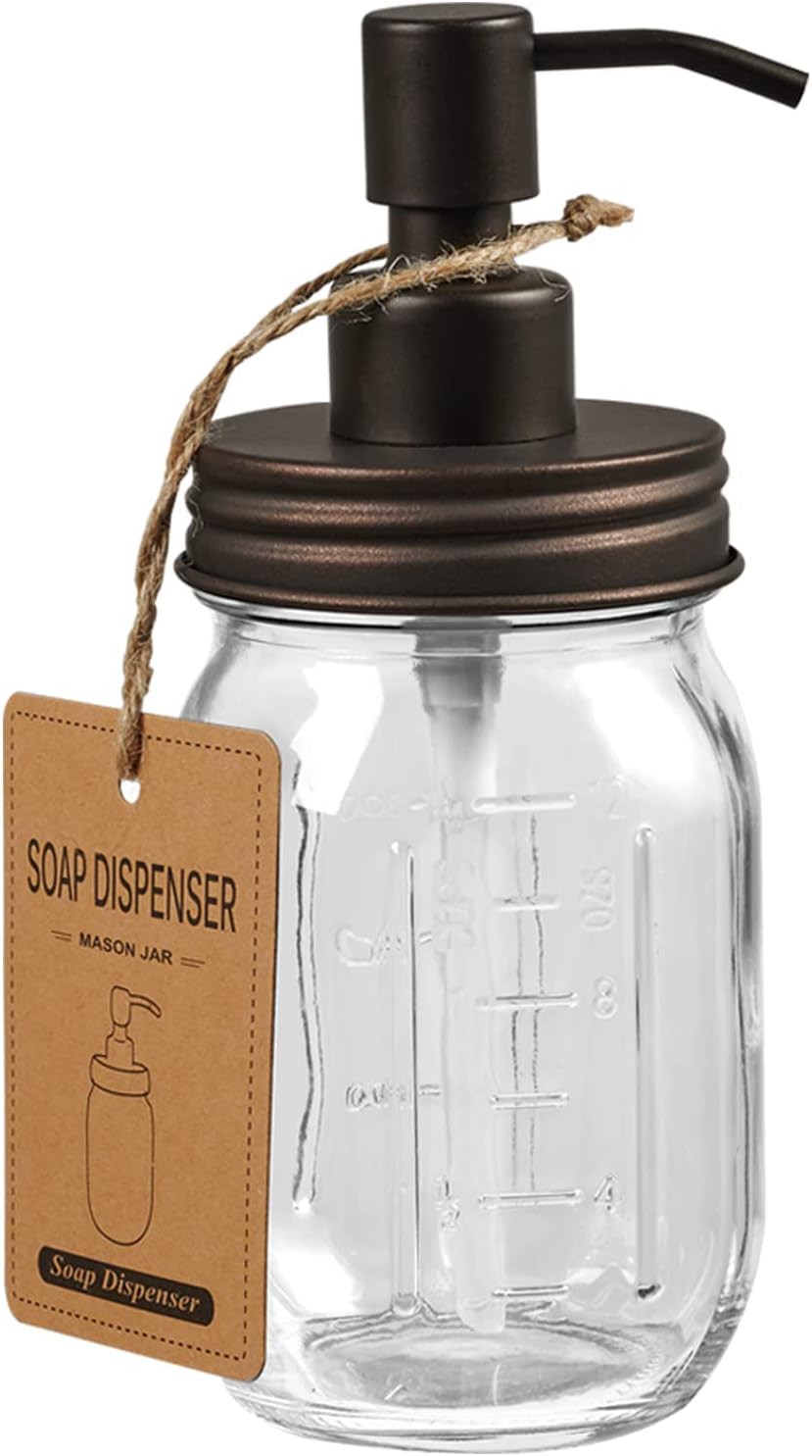 Amolliar Mason Jar Liquid Soap Dispenser, Rustproof 304 Stainless Steel Mason Jar Lid Pump, Refillable Hand Soap, Lotions, Dish Soap, Liquid Soap, Soap for Kitchen Bathroom, Farmhouse Decor, Bronze