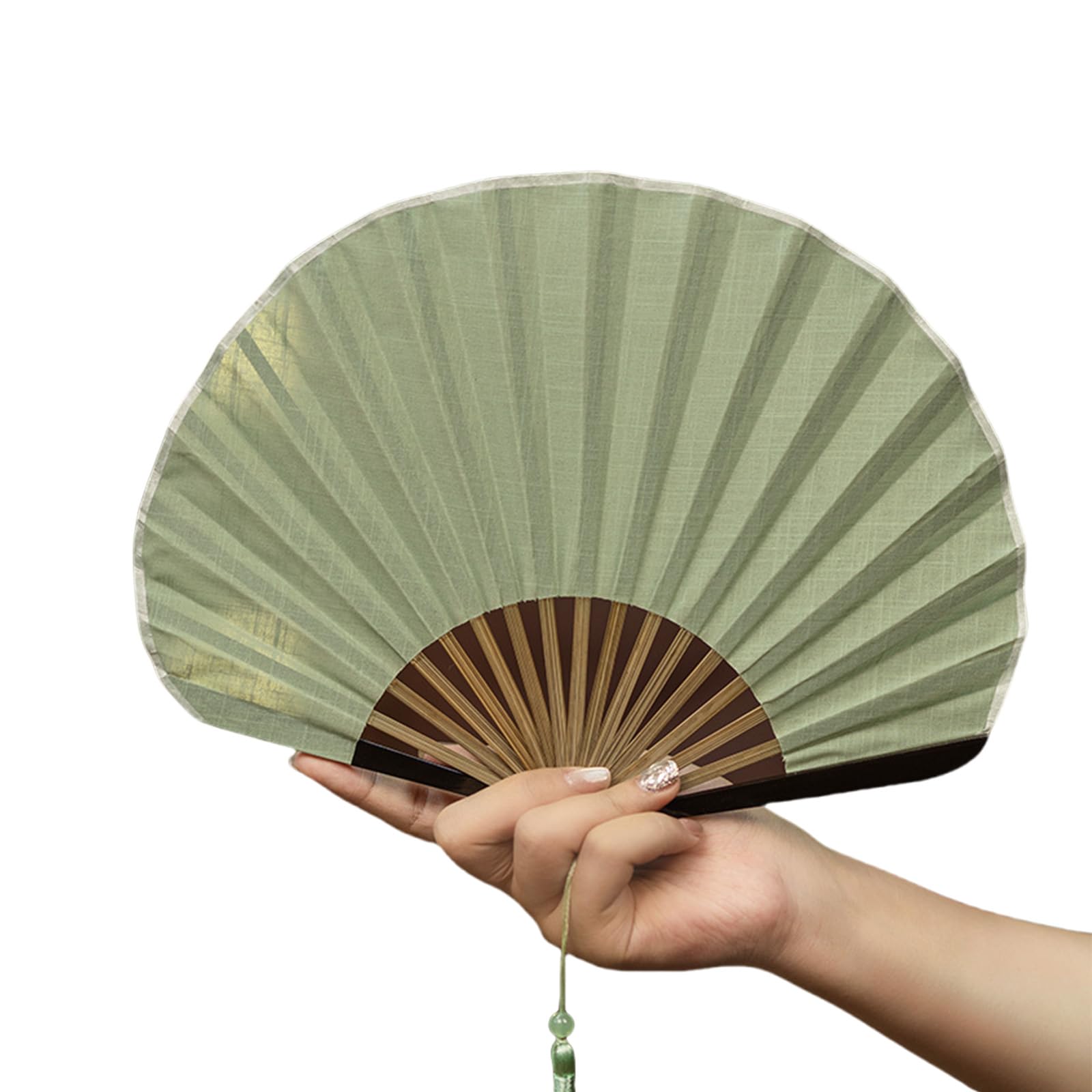 Jazuaiao Foldable Shell Shape Fan Cotton Blend Fabric with Wood Frame Retro Chinese Fan Household Decorative Item Cotton Linen Hand