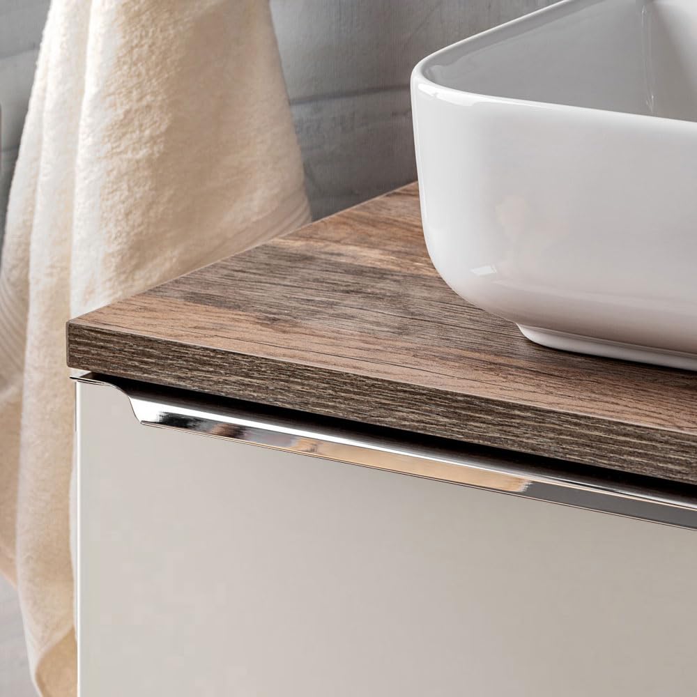 Lomadox Set di mobili da bagno in aupe con rovere vintage, 140 cm, doppio lavabo con mobiletto, 2 lavandini in ceramica, scaffale, specchio a LED, armadio alto