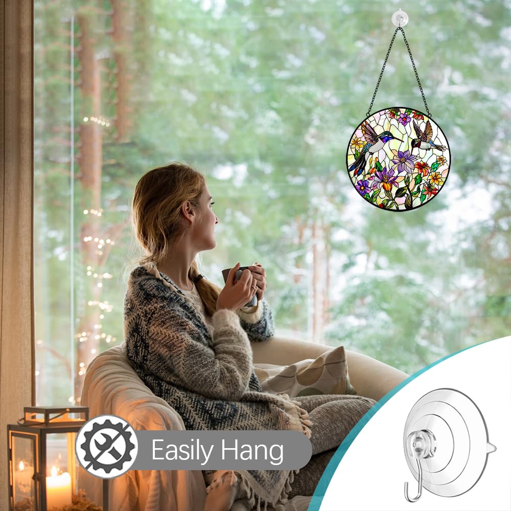 Kolibri-Sonnenfänger, Buntglas-Fensteraufhängung, Wildblumen- und Vogel-Sonnenfänger für Fenster, Buntglas-Sonnenfänger – Sonnenfänger für den Innenbereich, Wandkunst, Heimdekoration, Geschenk für