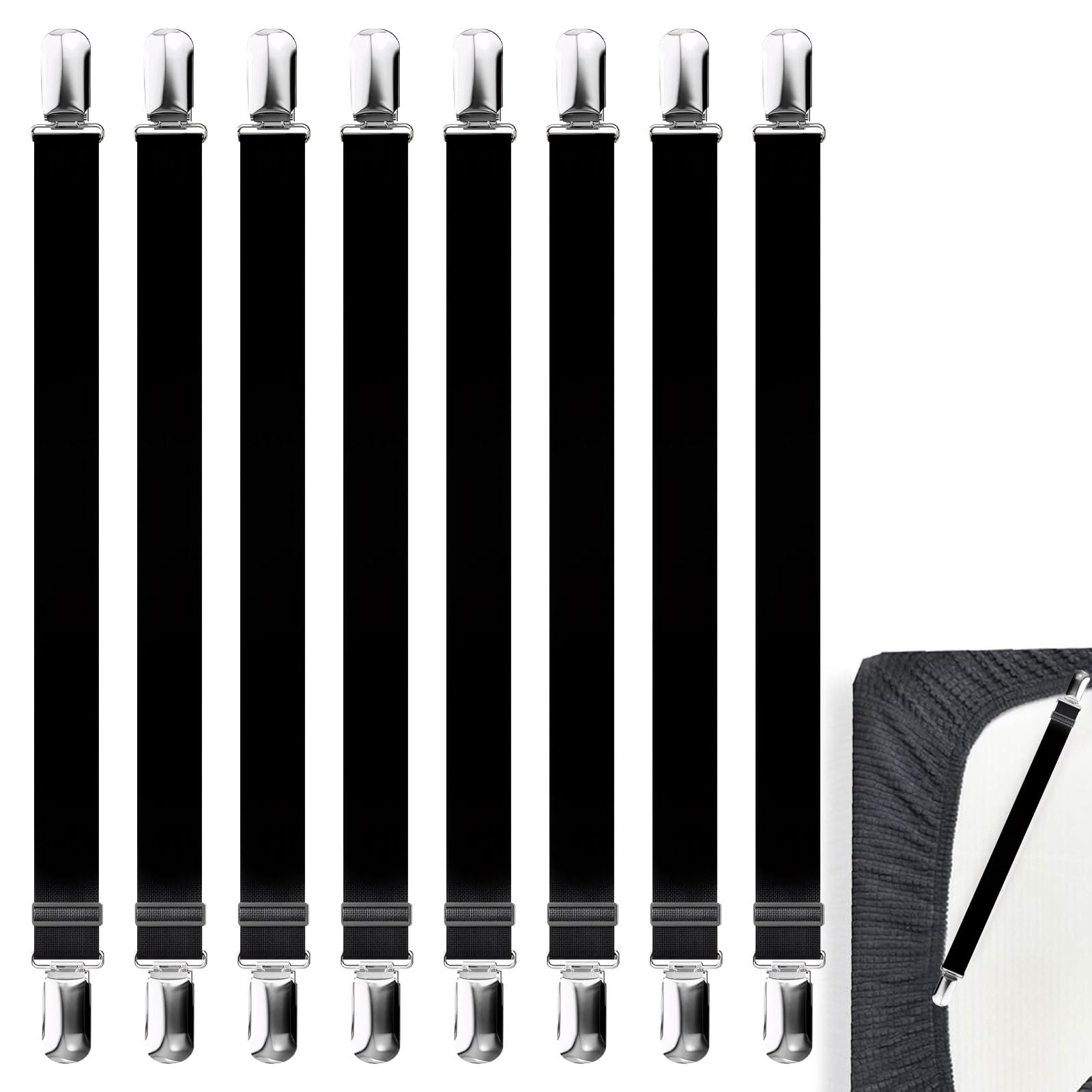 Wuerkiya Black 8Pcs Adjustable Bed Sheet Straps Clips, Elastic Sheet Straps Grippers Fasteners, Elastic Mattress Sheet Fasteners Holder And Suspenders, For Wrinkle-Free Bed Sheets, Mattress, Or Sofa(1M)