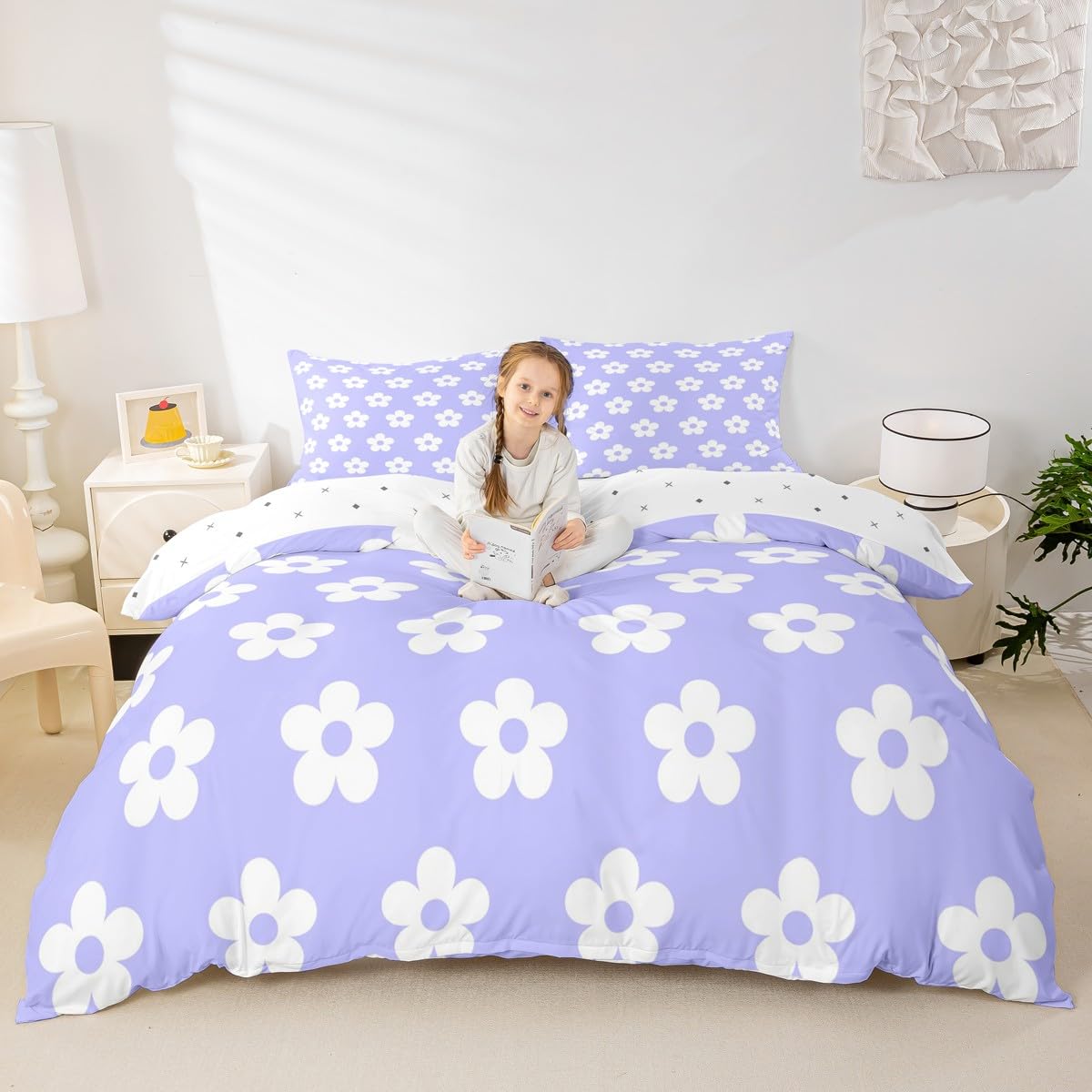 Parure de lit marguerites violet clair King Size avec housse et taies