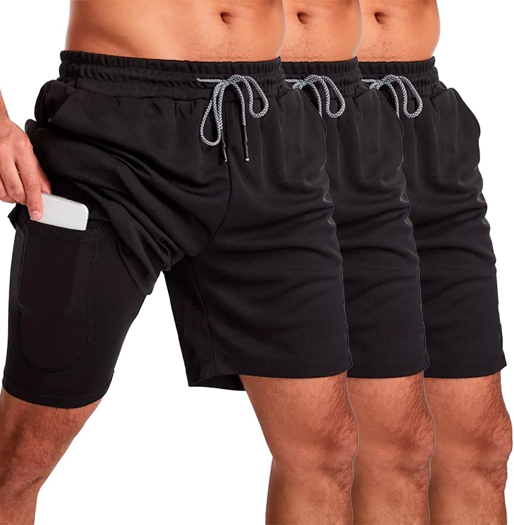 Kit 3 Short Masculino Academia 2 em 1 Bermuda Dry Fit Corrida Treino com Bolso Celular INSIDE SPORTS