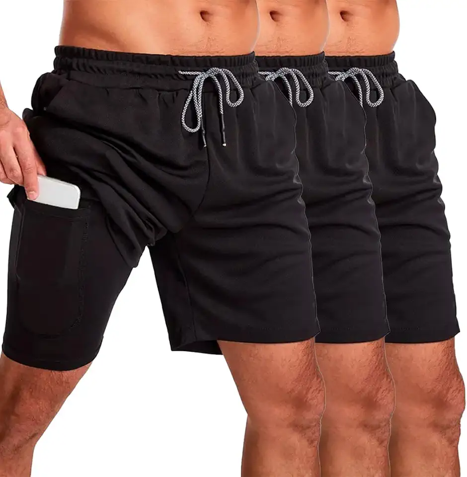 Kit 3 Short Masculino Academia 2 em 1 Bermuda Dry Fit Corrida Treino com Bolso Celular INSIDE SPORTS